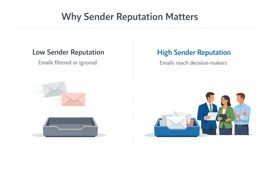 Comparison showing how low sender reputation causes emails to be filtered or ignored while high sender reputation helps emails reach decision-makers