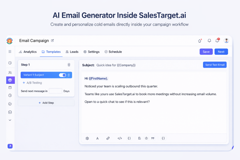 AI email generator inside SalesTarget.ai platform