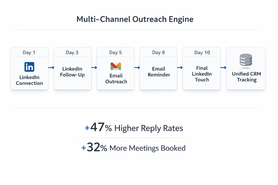 Multi-channel LinkedIn and email outreach workflow with CRM tracking.