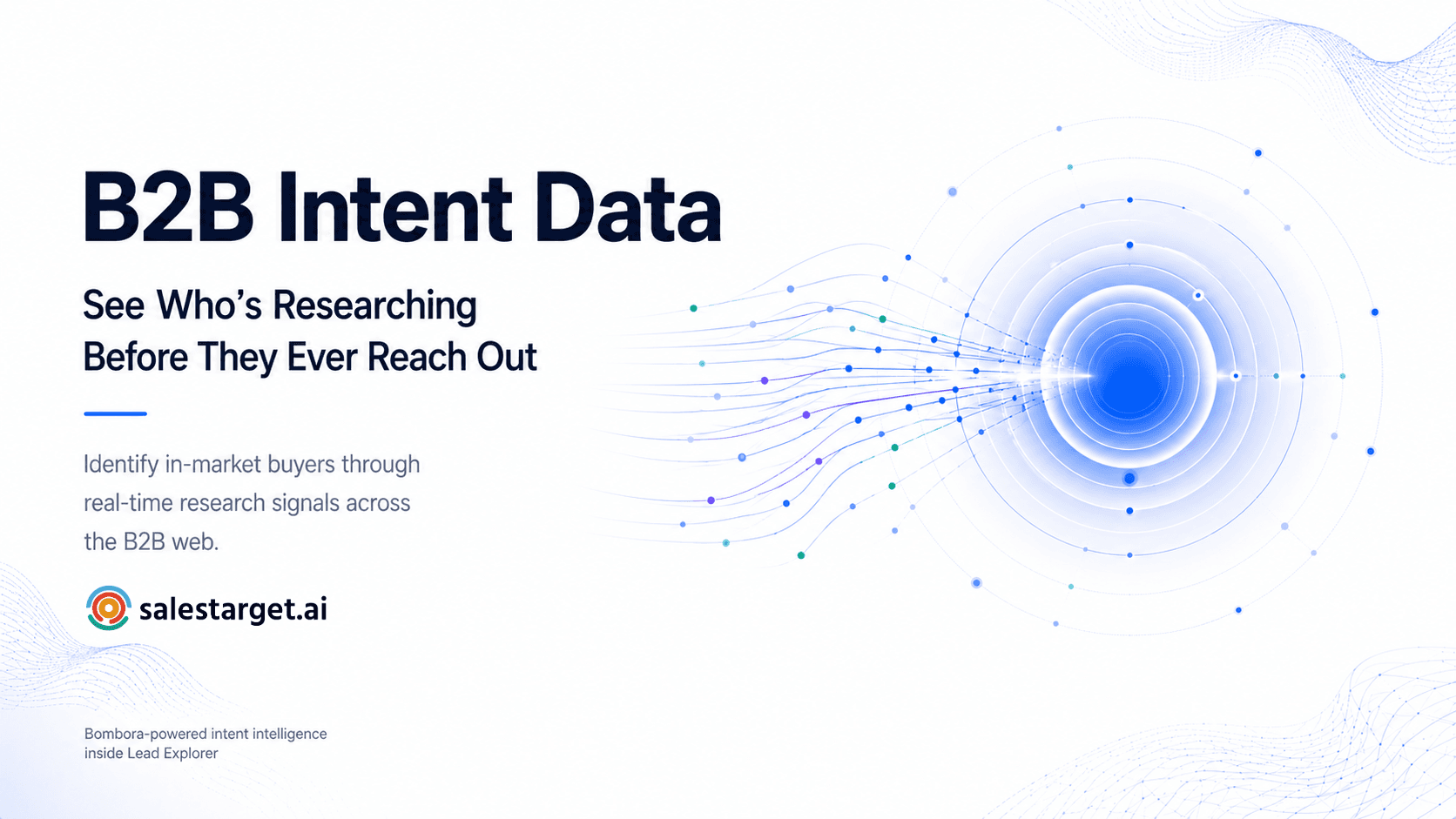Premium SaaS hero banner visualizing B2B intent data through web-wide buyer research signals and surge intelligence.