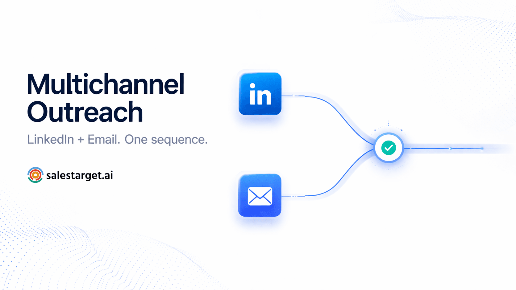 Premium SaaS editorial visual showing coordinated LinkedIn and email multichannel outreach channels converging into a unified pipeline — strategic B2B prospecting intelligence