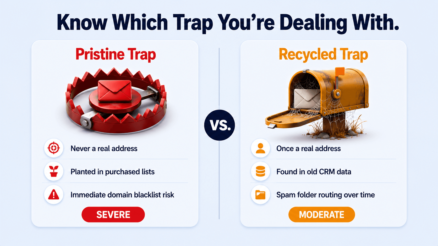 SalesTarget blog comparison graphic showing pristine spam traps versus recycled spam traps with consequence levels for cold email outreach