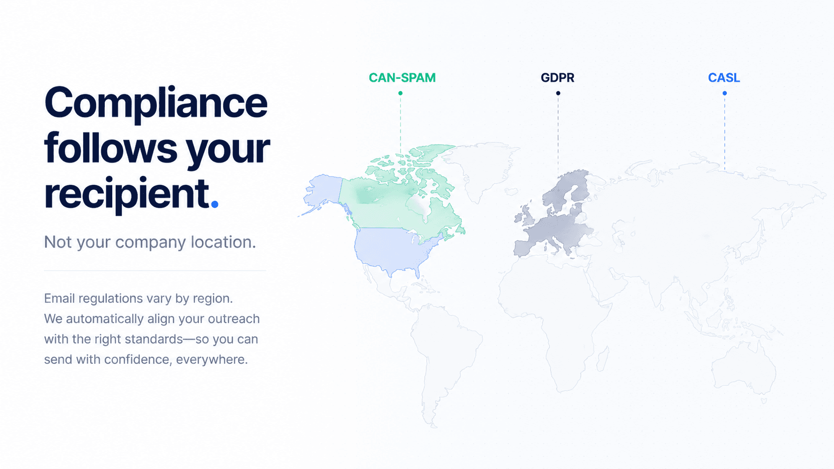 Three cold email compliance frameworks — CAN-SPAM, GDPR, and CASL — mapped by jurisdiction and consent requirements.