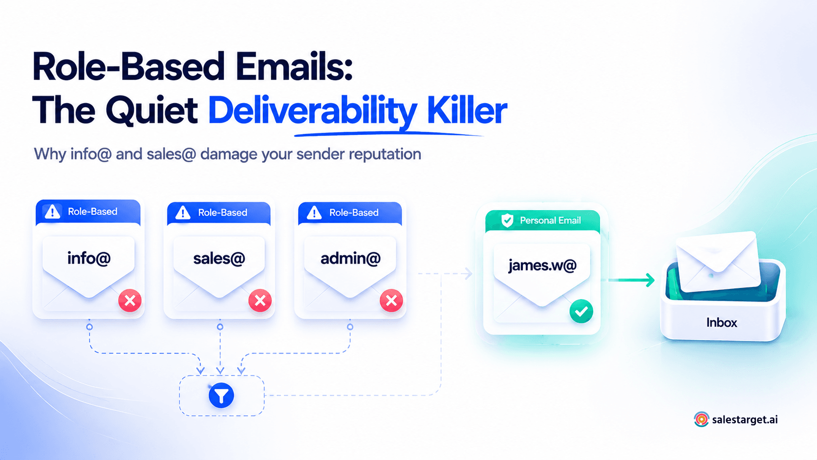 Role-based email addresses and cold email deliverability illustration showing why info@ and sales@ can hurt sender reputation.