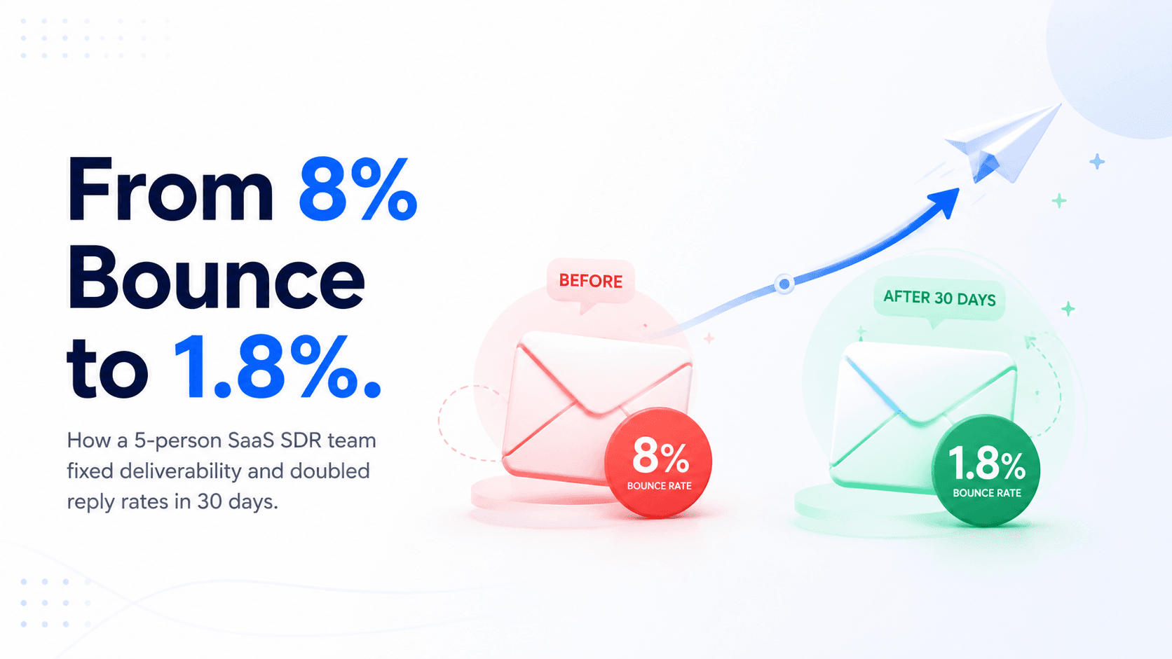 Before and after cold email deliverability metrics — bounce rate reduced from 8% to 1.8% and reply rate doubled in 30 days.