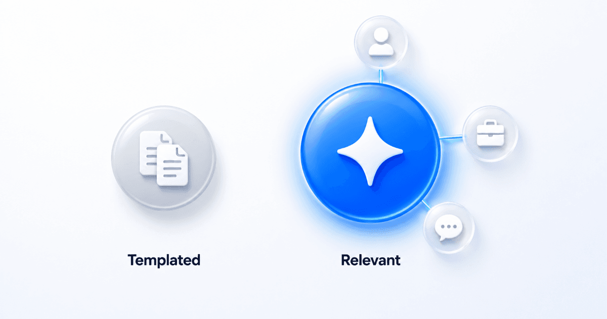 Premium SaaS visual comparing templated and AI-personalized messages