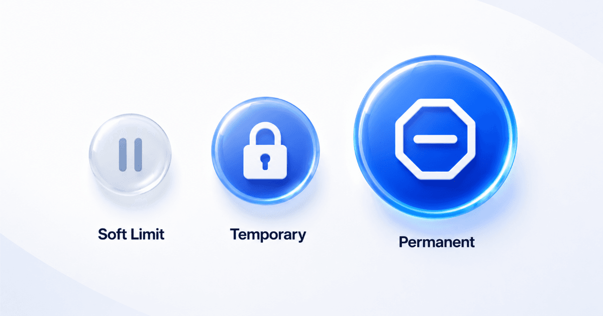 Three glowing badges showing restriction severity levels
