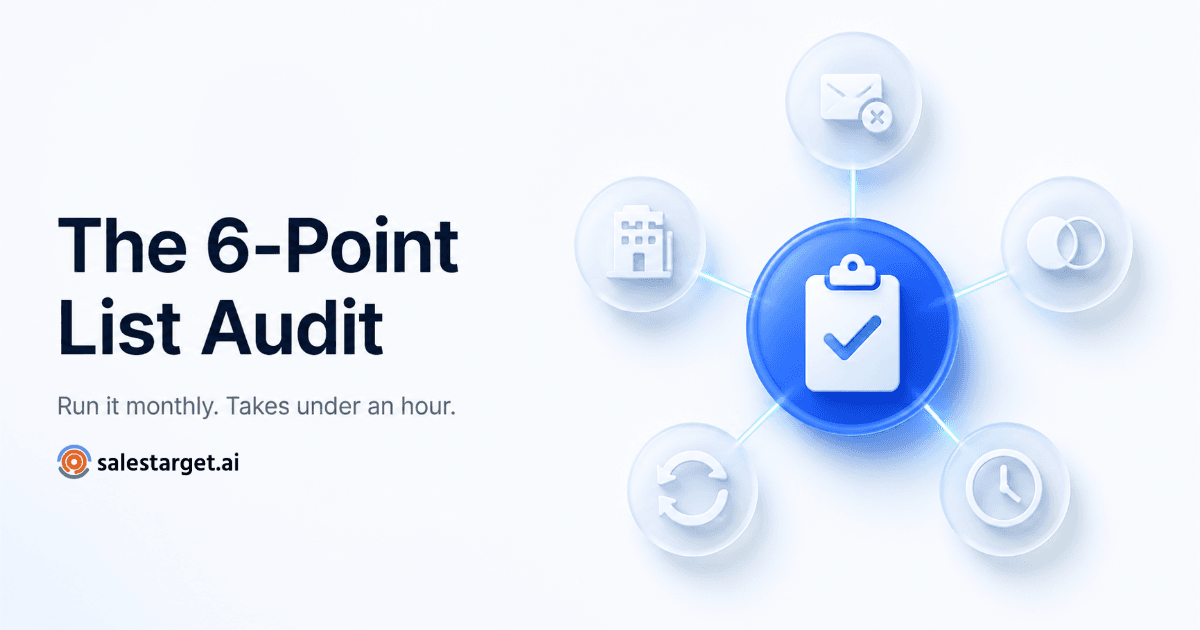 Premium SaaS graphic showing six-point prospect list audit