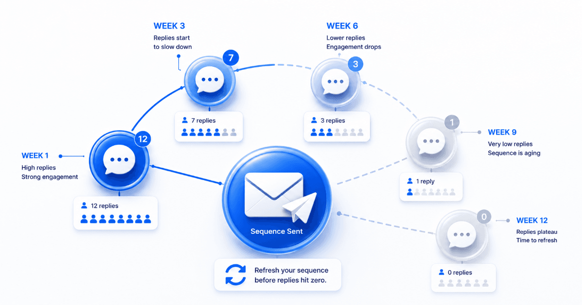 Premium SaaS visual showing sequence decay over weeks
