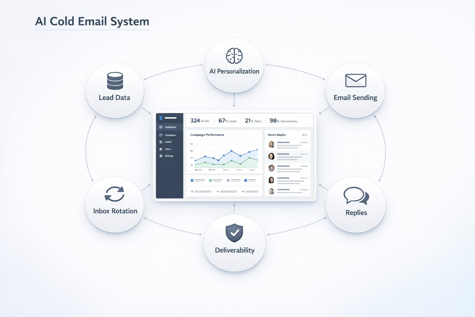 AI cold email system showing lead generation, personalization, sending and reply tracking