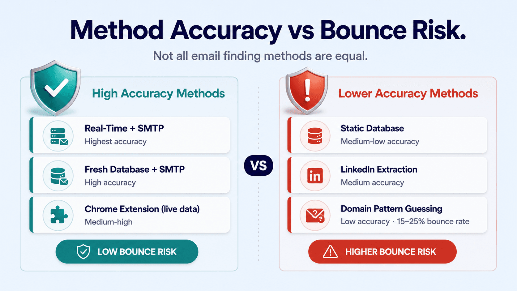 six B2B email finding methods by accuracy level and bounce rate risk