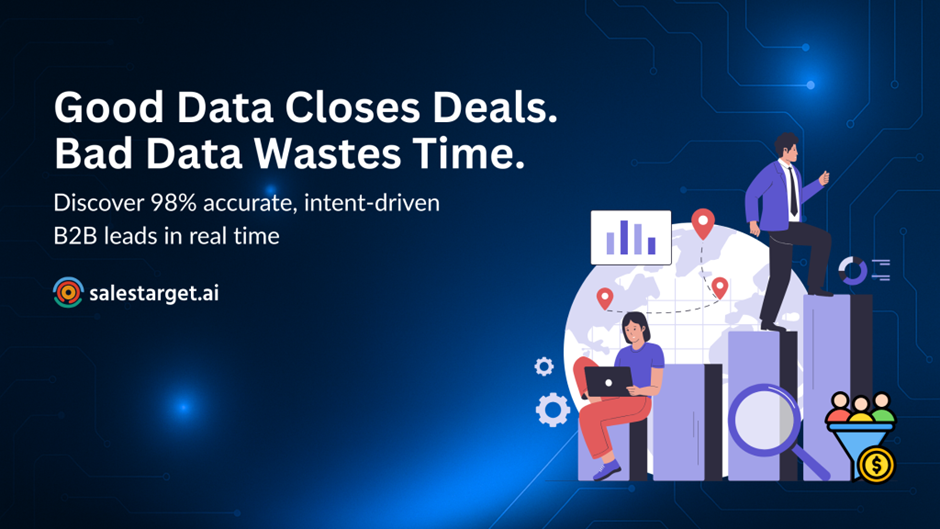 SalesTarget.ai ad banner showing verified B2B data in action — professionals using laptops
with charts, maps, and lead tracking icons for accurate sales outreach