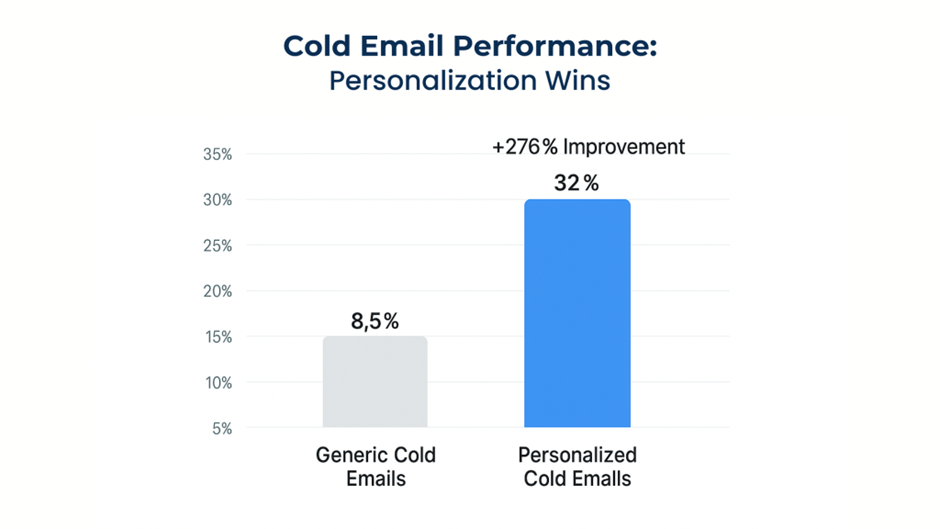 Bar chart comparing generic cold emails (8.5% response rate) and personalized cold emails
(32% response rate), showing a +276% improvement.