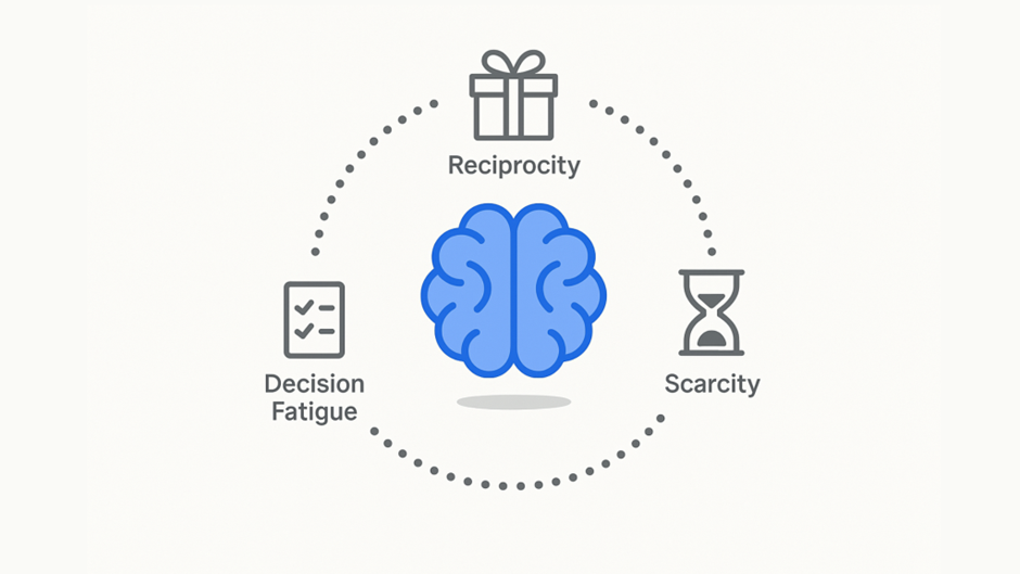 Illustration showing how cognitive biases — reciprocity, scarcity, and decision fatigue —
influence cold email responses.