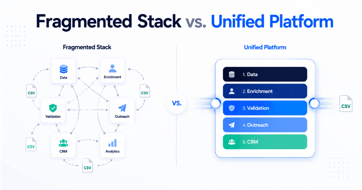 comparing a fragmented 6-tool outbound stack against a unified 5-layer outbound platform