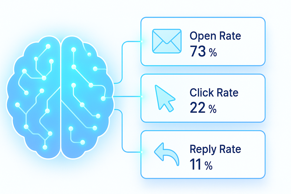 AI brain graphic analyzing email metrics: 73% open rate, 22% click rate, and 11% reply rate,
symbolizing behavioral tracking.