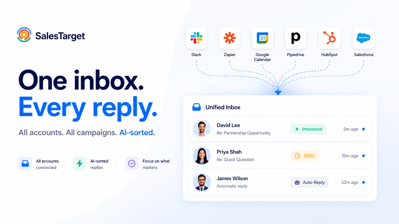 Unified inbox consolidating cold email replies from multiple sending accounts with AI categorisation.